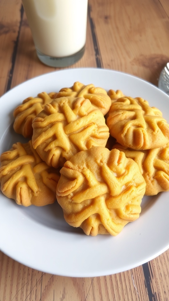 A plate of golden brown flourless peanut butter cookies with a crisscross pattern, accompanied by a glass of milk.